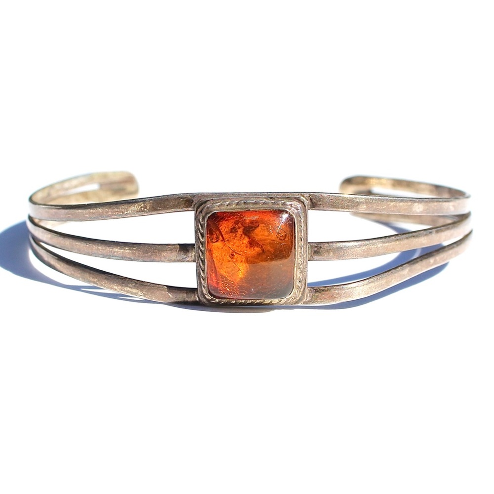 Vintage Amber Sterling Silver Cuff Bracelet
